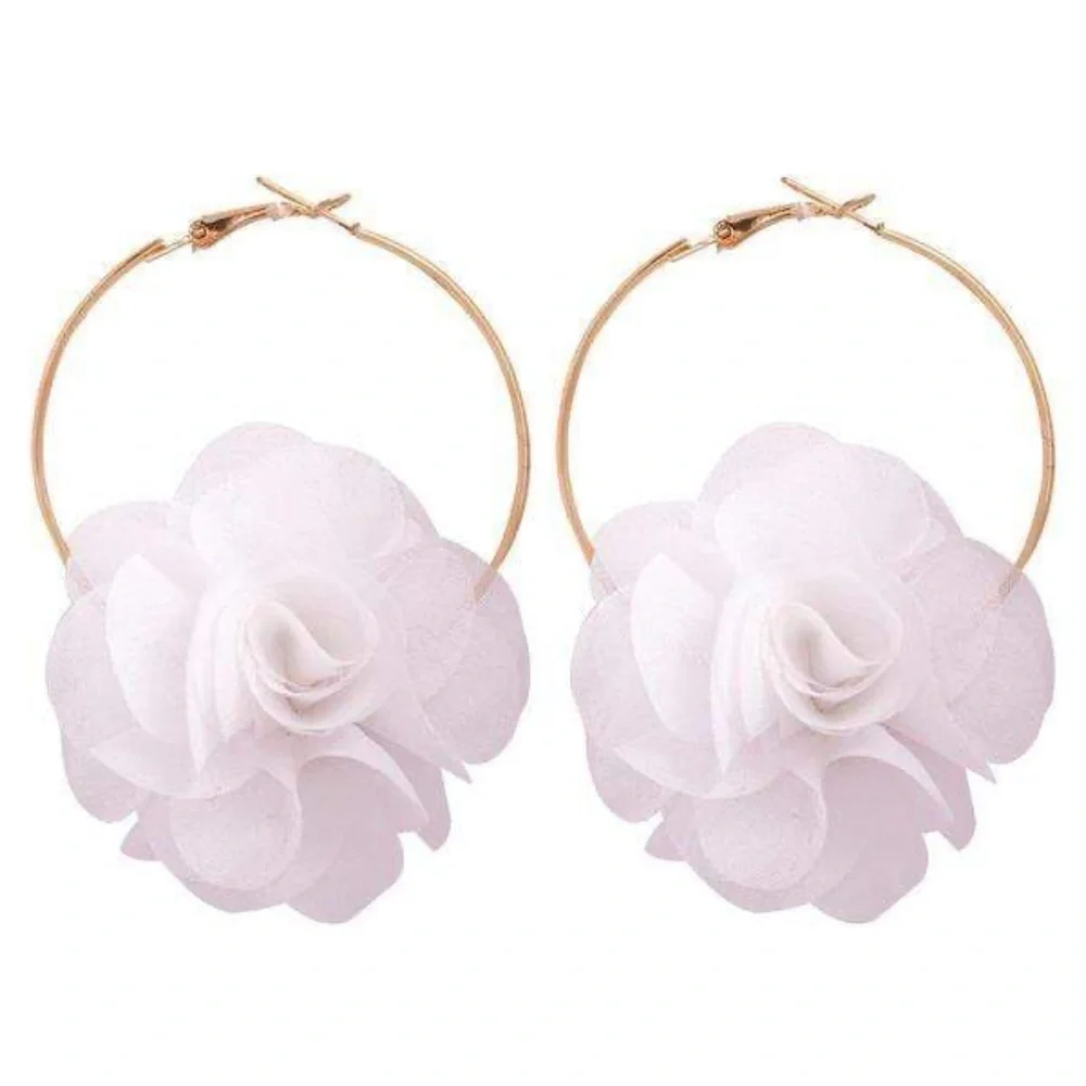 Womens‎ Gold Tone Hoop White Flower Earrings